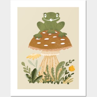 Cute Cottagecore Goblincore Frog Sat on a Forest Mushroom Posters and Art